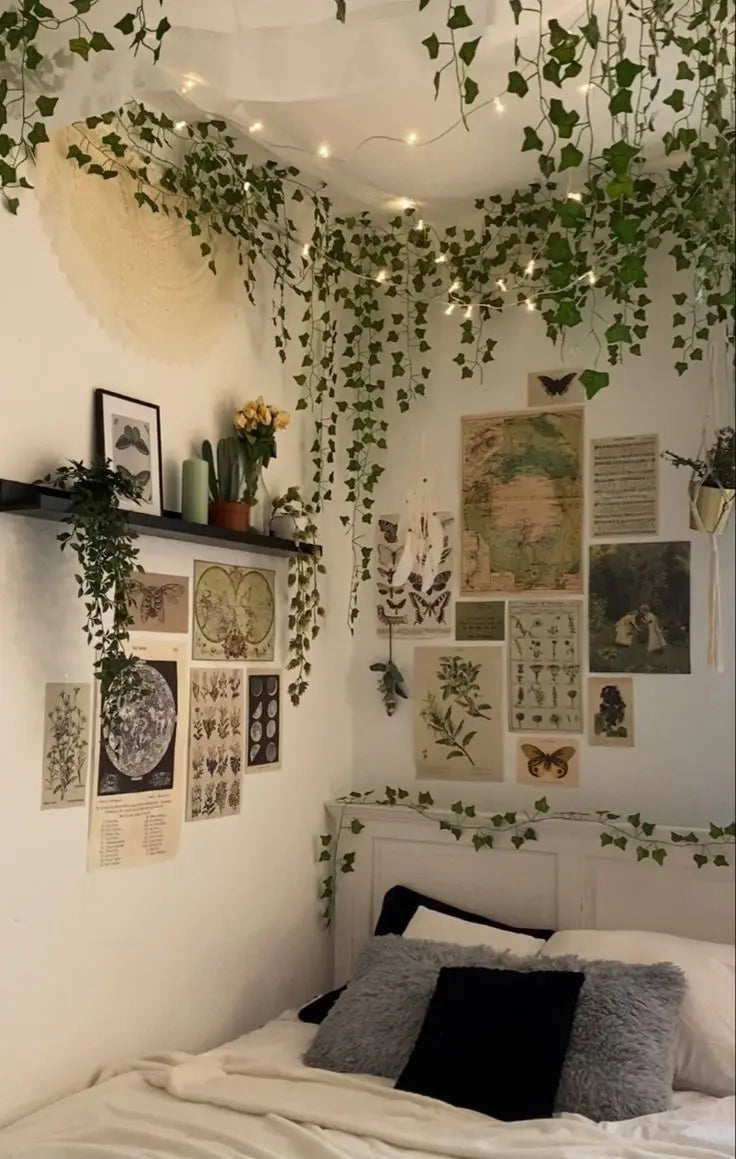 Artificial ivy vine leaves hanging on aesthetic bedroom wall decor setup