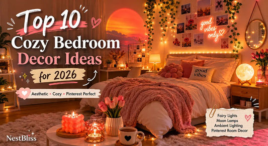 Discover the top cozy bedroom decor ideas for 2026, from fairy lights and moon lamps to ambient lighting and Pinterest-inspired aesthetic room setups. Transform your space with NestBliss.