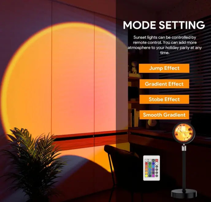 Sunset projection lamp creating orange ambient aesthetic room lighting